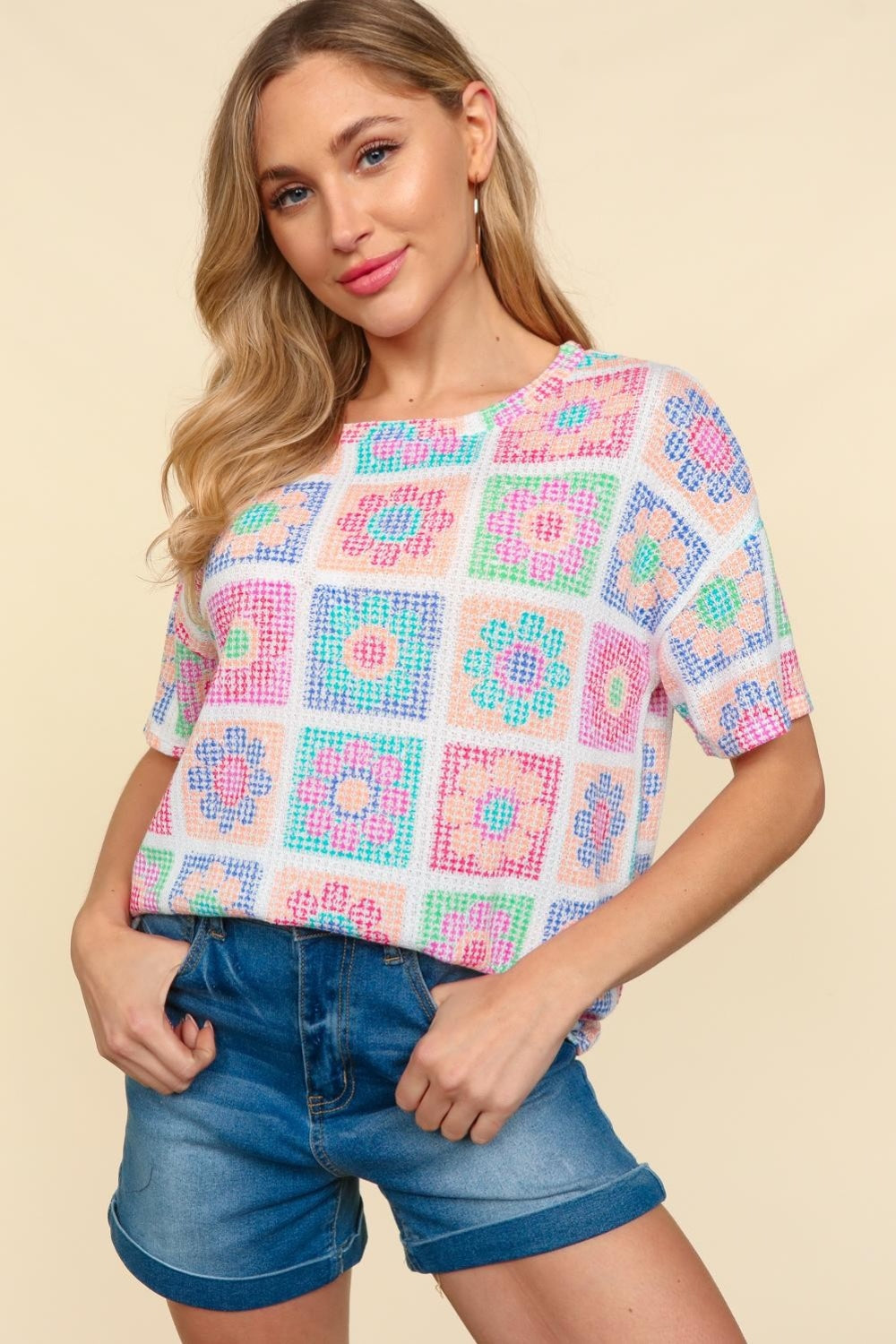 Haptics Flower Print Round Neck Short Sleeve Top