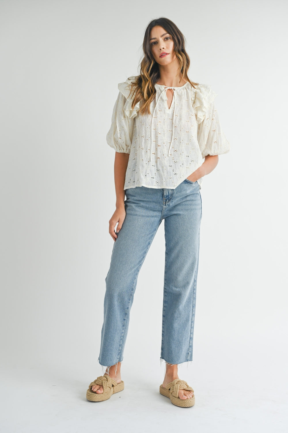Mable Eyelet Lace Ruffle Shoulder Puff Sleeve Blouse