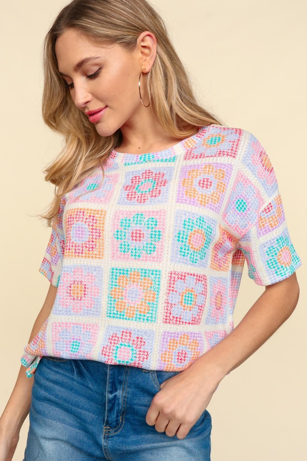 Haptics Flower Print Round Neck Short Sleeve Top