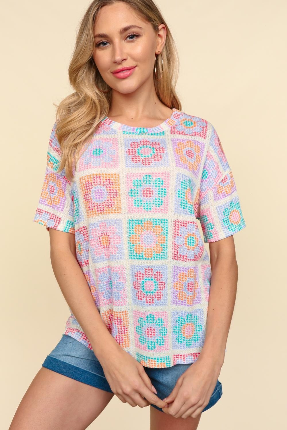 Haptics Flower Print Round Neck Short Sleeve Top