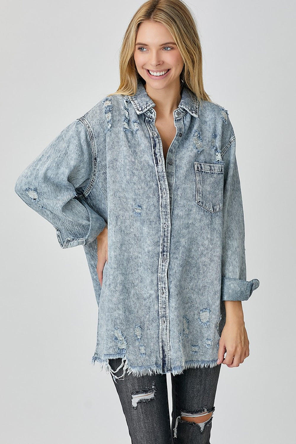Risen Distressed Raw Hem Denim Top