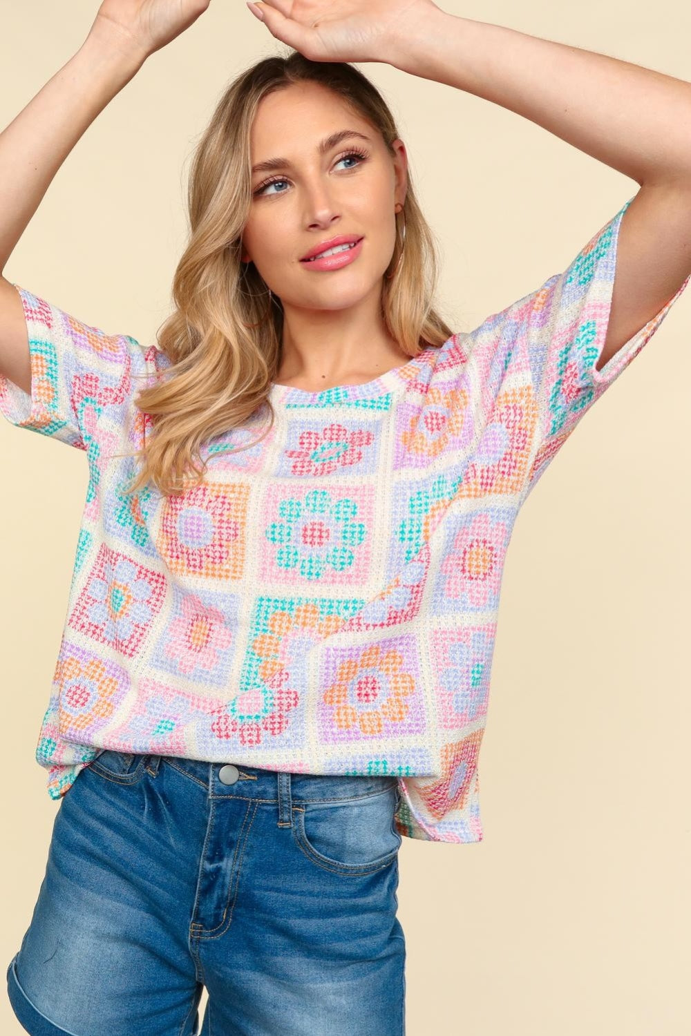 Haptics Flower Print Round Neck Short Sleeve Top