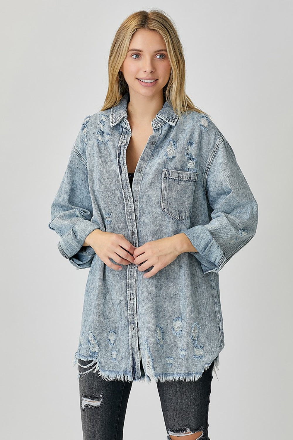 Risen Distressed Raw Hem Denim Top