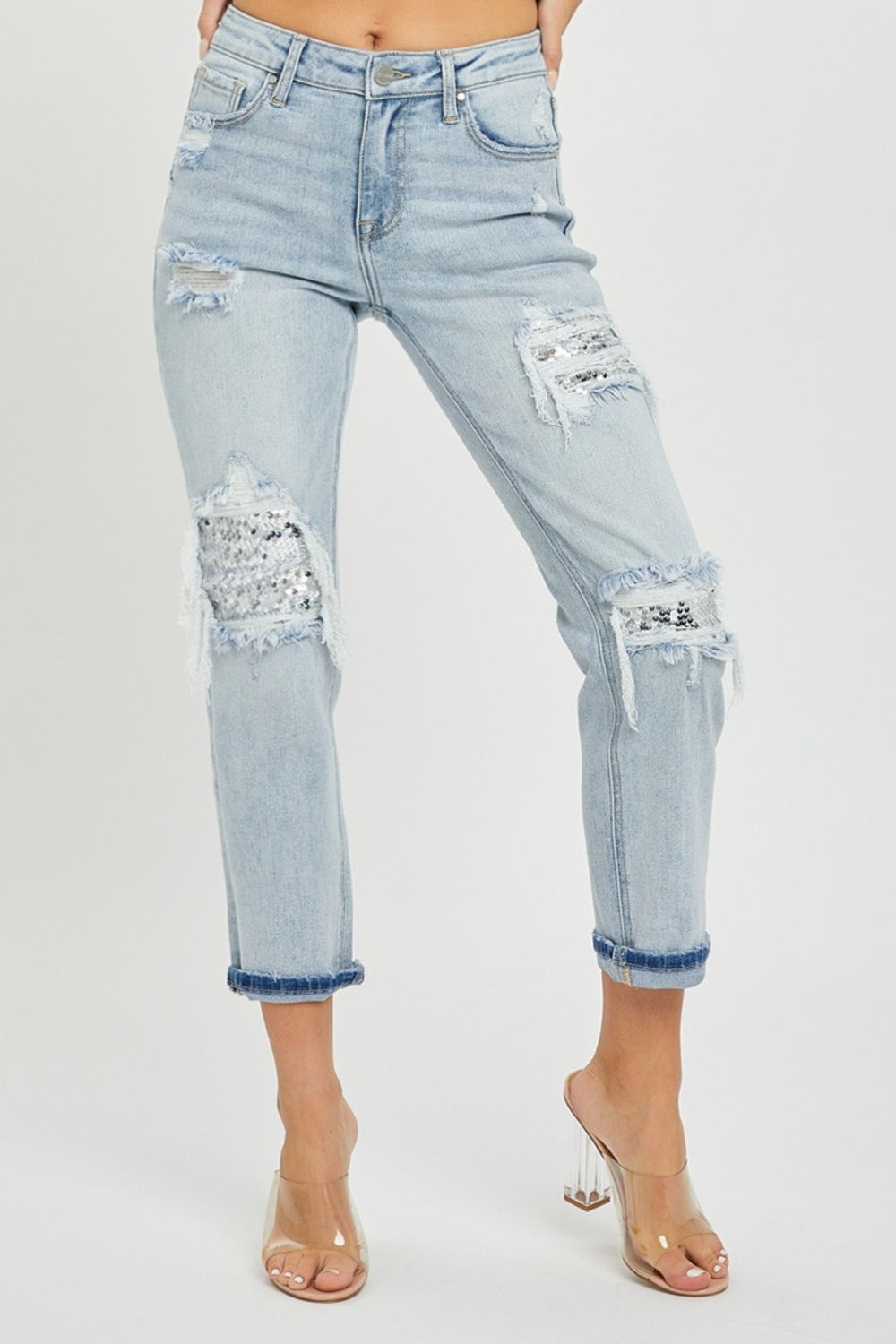 Rissen Mid-Rise Sequin Patched Jeans