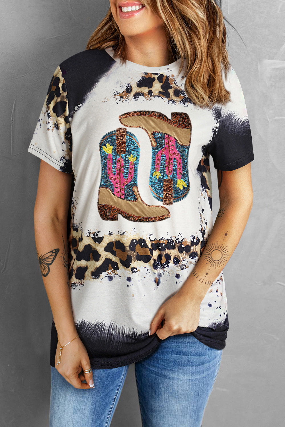 Sequin Leopard Round Neck Short Sleeve T-Shirt