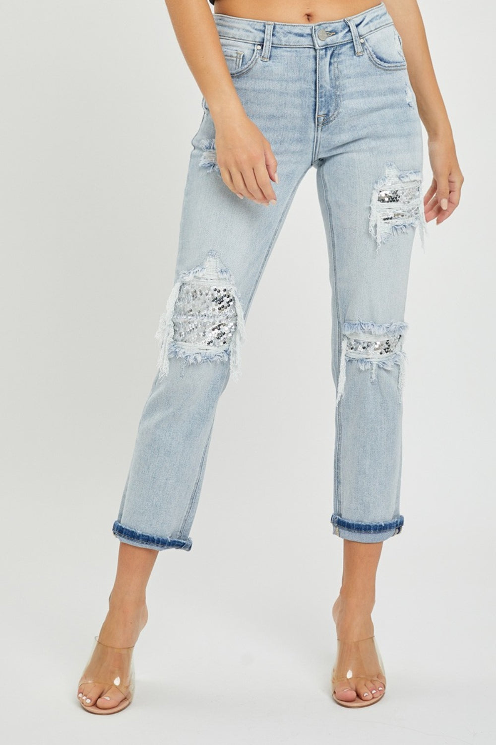 Rissen Mid-Rise Sequin Patched Jeans