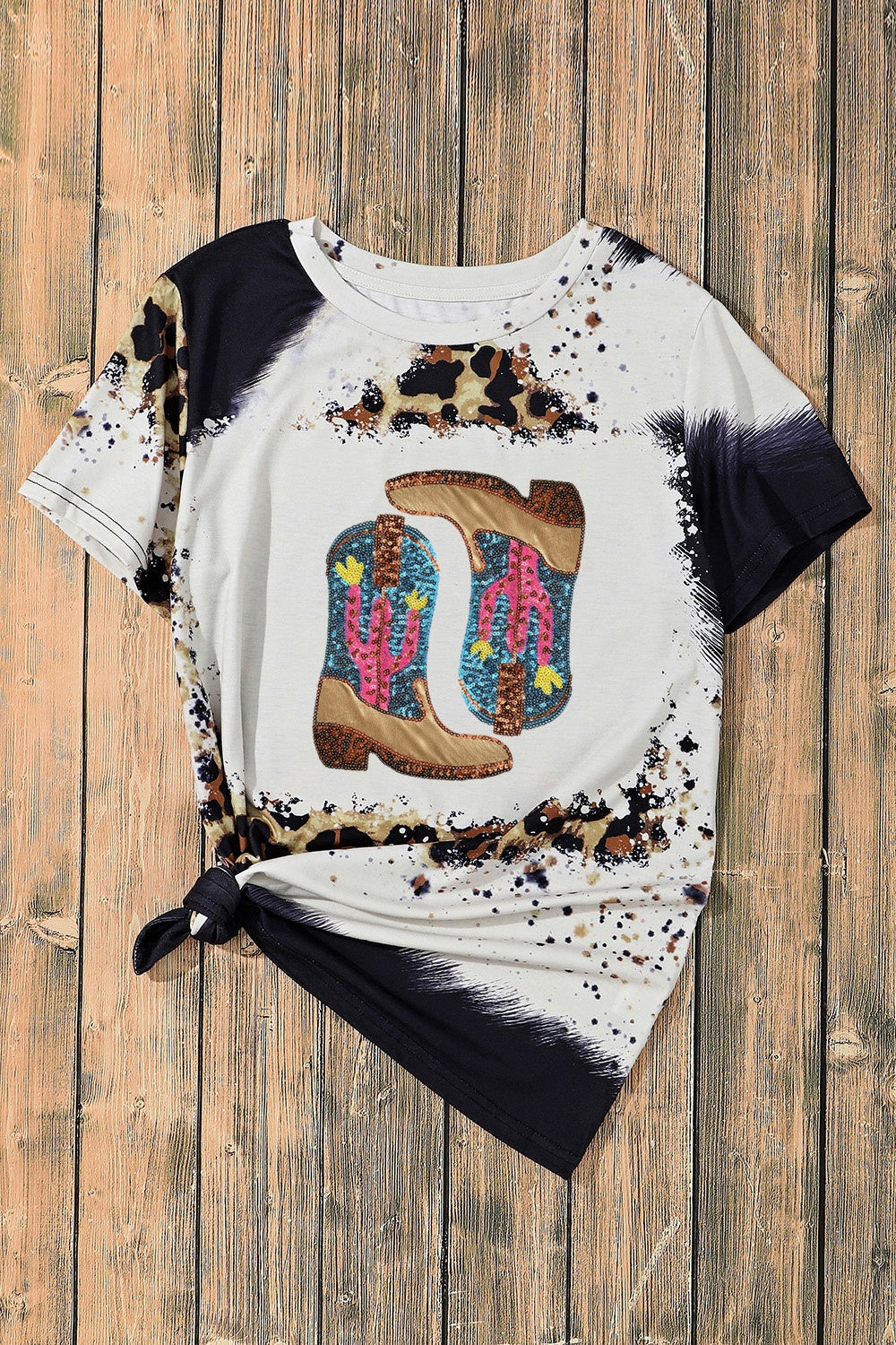 Sequin Leopard Round Neck Short Sleeve T-Shirt