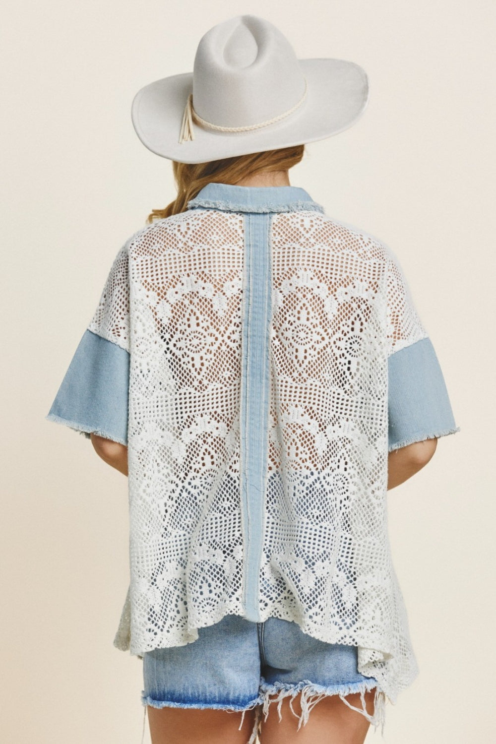 ODDI Button Up Short Sleeve Lace Top