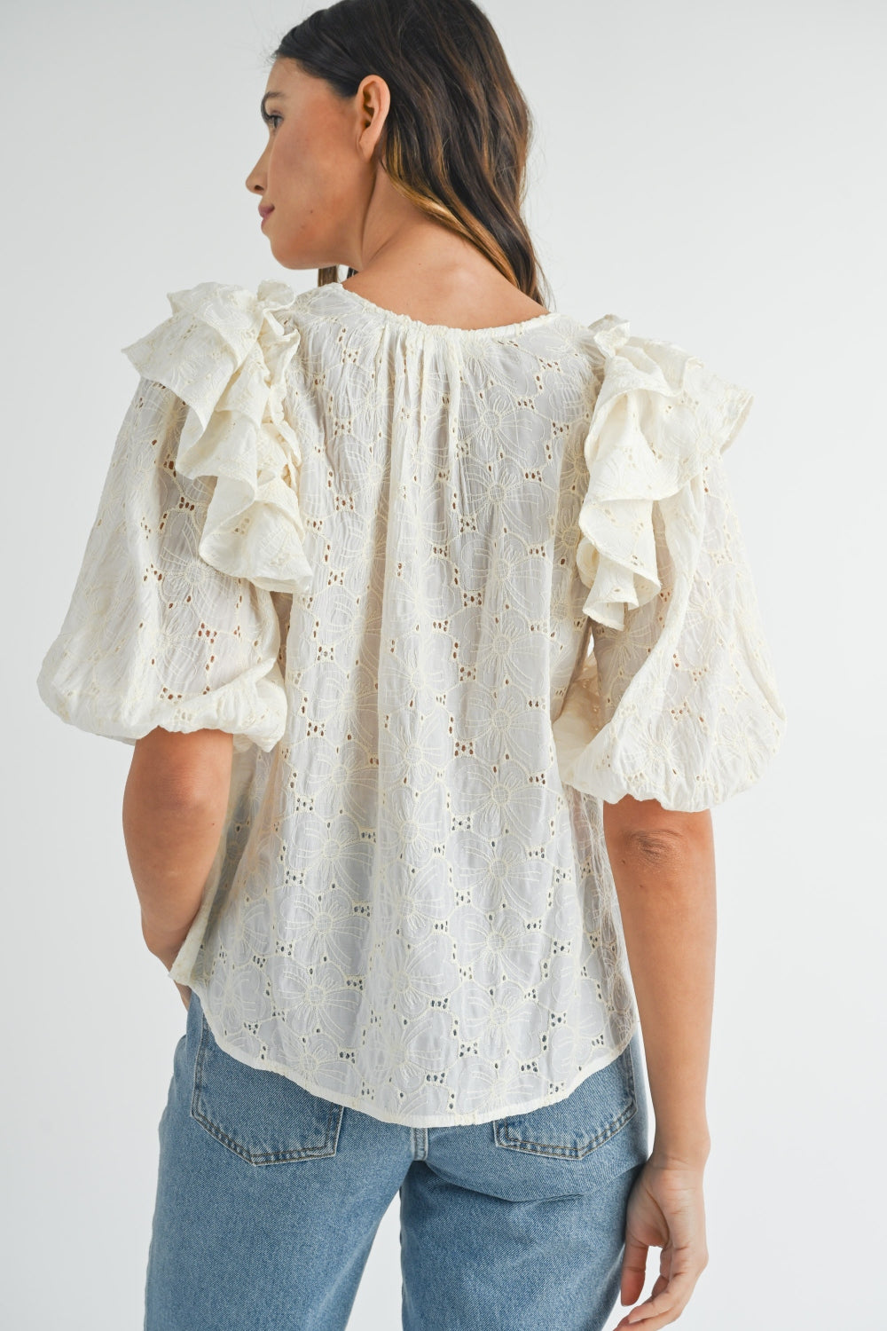 Mable Eyelet Lace Ruffle Shoulder Puff Sleeve Blouse