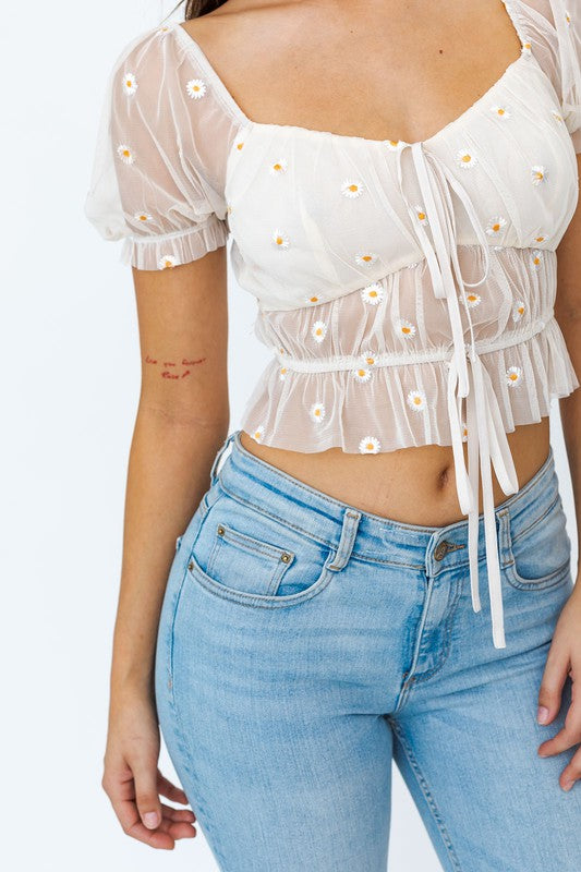 Daisy Embroidery Crop Top