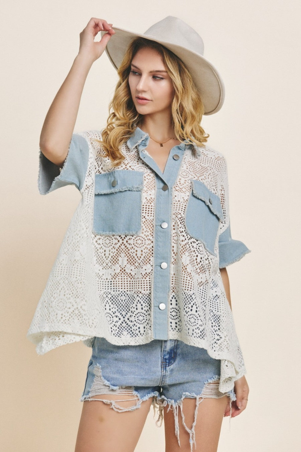 ODDI Button Up Short Sleeve Lace Top