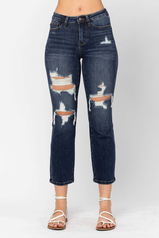 Judy Blue Mid-Rise Ripped Cropped Straight Leg Jeans